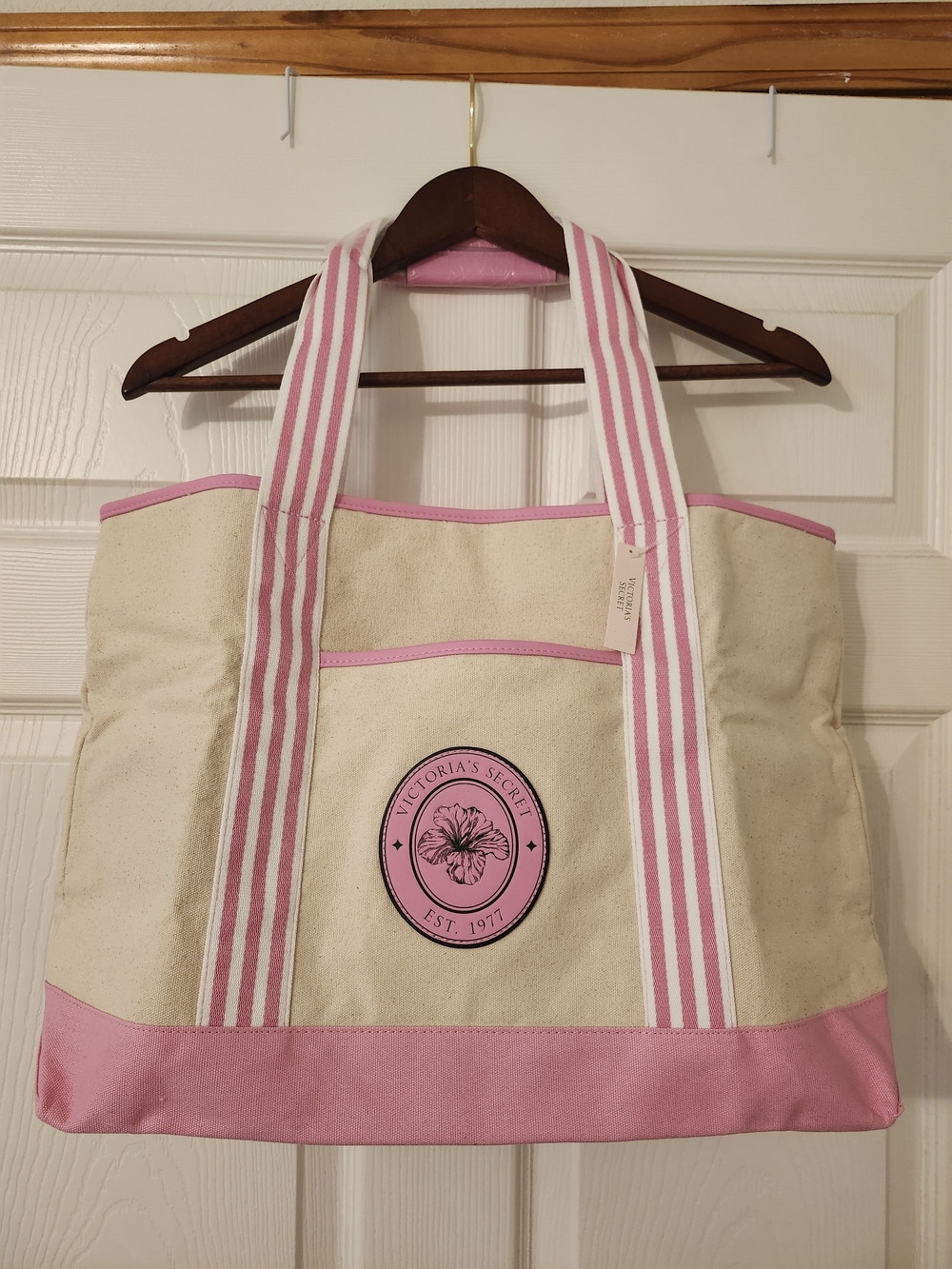 Victoria's Secret Cream & Pink Canvas Tote with Striped Handles